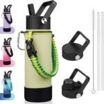 BJPKPK Insulated Water Bottle with Straw Lid, 22oz Thermal Flasks Water Bottles with 3 Lids, Paracord Handle & Non-slip Boot, BPA Free Leak Proof Stainless Steel Tumblers,Macaron Green - Image 2