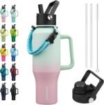 BJPKPK Insulated Water Bottles with Straw Lid, 35oz Metal Water Bottle with 2 lids & Paracord Strap, Double Wall Stainless Steel Tumbler with Handle, Reusable Cups, Mugs, Thermo, Marshmallow - Image 2