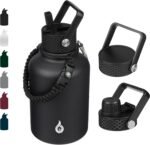 BJPKPK Insulated Water Bottles with Straw Lid, 50oz Large Water Jug, Stainless Steel Vacuum Bottles, Hot & Cold Thermo with 3 Lids and Paracord Handle, Black - Image 2