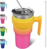 BJPKPK Tumbler With Handle And Straw Lid 30 oz Stainless Steel Insulated Coffee Tumbler Cups For Home, Office or Car,Pink Yellow Rose - Image 2