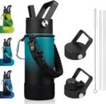 BJPKPK Water Bottle with Straw Lid, 18oz Insulated Water Bottles with 3 Lids, Paracord Handle & Non-slip Boot, Metal Stainless Steel Thermal Flasks, BPA Free Leak Proof Tumblers,Army Green & Black - Image 2