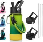 BJPKPK Water Bottle with Straw Lid, 18oz Insulated Water Bottles with 3 Lids, Paracord Handle & Non-slip Boot,Stainless Steel Metal Thermal Flasks,BPA Free Leak Proof Tumblers,Bamboo Grove - Image 2