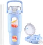 BLUEGO 32oz Glass Water Bottle with Handle and Straw|Leakproof Sports Glass Bottle with Time Marker and Silicone Sleeve|Glass Drinking Bottle for Travel, Gym, Workout, Blue - Image 2