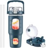 BLUEGO 32oz Glass Water Bottle with Handle and Straw|Leakproof Sports Glass Bottle with Time Marker and Silicone Sleeve|Glass Drinking Bottle for Travel, Gym, Workout, Dark Blue - Image 2