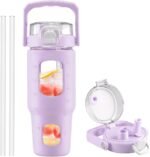 BLUEGO 32oz Glass Water Bottle with Handle and Straw|Leakproof Sports Glass Bottle with Time Marker and Silicone Sleeve|Glass Drinking Bottle for Travel, Gym, Workout, Purple - Image 2