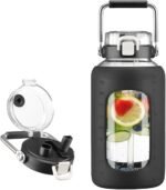 BLUEGO 84oz Glass Water Bottles with Sturdy Stainless Steel Handle, Large Water Bottle with Straw Sip & Chug Lid, 2.5L Water Jug Silicone Sleeve with Time, Daily Travel Sports, Black - Image 2