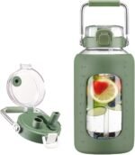 BLUEGO 84oz Glass Water Bottles with Sturdy Stainless Steel Handle, Large Water Bottle with Straw Sip & Chug Lid, 2.5L Water Jug Silicone Sleeve with Time, Daily Travel Sports, Olive - Image 2