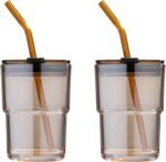 BLUEPOLAR 13 oz Tumbler Water Glass, Water Bottle with Straw and Dustproof Lid, Coffee Ice Cup Double Wall Insulated Glass Cup (Amber-2Pack) - Image 2