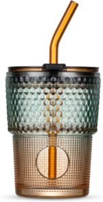 BLUEPOLAR 13 oz Tumbler Water Glass, Water Bottle with Straw and Dustproof Lid, Coffee Ice Cup Double Wall Insulated Glass Cup (Amber-Ribbed) - Image 2
