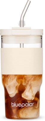 BLUEPOLAR 23oz/680ml Glass Tumbler with Straw and Lid - Leak-Proof Portable Travel Water Glass Cup for Smoothies, Iced Coffee,Matcha and Cold Beverages - Durable and Eco-Friendly (White with Sleeve) - Image 2