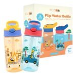 BOZ Flip Water Bottles for Kids 2-Pack - Boys' Cars & Construction Designs, 14 oz, Push Button Pop-Up Straw, Dishwasher Safe, Toddler Leak Proof Water Bottle - Image 2