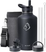 BUZIO 64 oz Water Bottle Insulated with Straw & 3 lid and Carrying Pouch, Leak Proof Half Gallon Stainless Steel Water Flask Jug, Cold for 48 Hrs Double Vacuum Thermo Canteen, BPA-Free, Black - Image 2