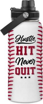 Baseball Water Bottle 32oz Hustle Hit Never Quit Stainless Steel Insulated Bottle for Men Women Sports Lovers Baseball Fans - Image 2