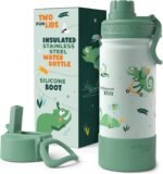 Bentoheaven Kids Water Bottle Stainless Steel for Boys & Girls, 2 Lids (Chug & Straw), Handle & Silicone Boot, Reusable Metal Leak-proof Insulated Tumbler, School & Sports 17oz (Green) - Image 2