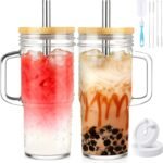 Birity 24oz Glass Cups with Lids and Straws,Glass Tumbler with Handle,2 set–Reusable Glass Ice Coffee Cups with Lid and Straw for Smoothies,Tea,Juice,Boba Cup for Cold & Hot Drinks,Travel Cup - Image 2