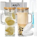 Birity 24oz Ribbed Glass Cup with Lids and Straws,2Pack Glass Tumbler with Handle,Reusable lced Coffee Cups with lids-Glass Cups with Lids,Mason Jar Cup for Smoothie,Coffee,Juice,Water,Tea,Travel Mug - Image 2