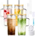 Birity Glass Cups with Lids and Straws,24oz Glass Tumbler With Handle,4 Pack Reusable Iced Coffee Cup with Lids-Mason Jar with Lid and Straw,Boba Cup for Cold & Hot Drinks,Smoothies Cup,Travel Mug - Image 2