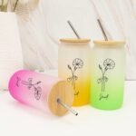 Birth Flower Drinking Cup Set with Bamboo Lid & Straw Customized Birthflower Iced Coffee Cups with Name Bachelorette Party Women's Day Gifts for Girlfriend Office 16oz Glass Water Bottle - Image 2