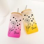 Birth Flower Frosted Glass Tumbler with Lid Custom Birthflower Glass Water Bottle with Name Retirement Women's Day Gifts for Colleague Flower Travel 16oz Iced Coffee Mug - Image 2