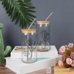 Birth Flower Glass Iced Coffee Cup with Stainless Steel Straws Personalized Birthflower Glass Water Bottle with Name Women's Day Party Favor Gifts for Her February Travel 16oz Glass Mug - Image 2