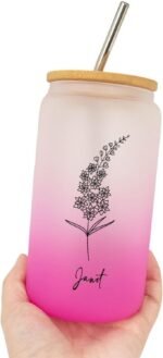 Birth Flower Glass Water Bottle Bamboo Covered Customized Birthflower Can Glass Cup with Name New Year Birthday Gifts for Colleague July Flower Farmhouse 16oz Glass Can Coffee Cup - Image 2
