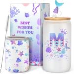Birthday Gifts for 4 5 6 7 8 9 10 11 12 Year Old Girls Monogrammed Initial Glass Cups,16oz Glass Cups with lid and straw, Personlized Valentine Mermaid Gifts for Kids Girls Purple M - Image 2