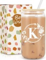 Birthday Gifts for Women, Monogrammed Initial Glass Cup Personalized Gifts for Women, 16oz Glass Cups with Lids and Straws, Iced Coffee Cup, Beer Can Shaped - Gift for Christmas, Birthday, K - Image 2