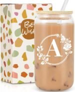Birthday Gifts for Women, Monogrammed Initial Glass Cup Personalized Gifts for Women, 16oz Glass Cups with Lids and Straws, Iced Coffee Cup, Beer Can Shaped Glass - Gifts for Christmas, Birthday, A - Image 2