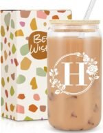 Birthday Gifts for Women, Monogrammed Initial Glass Cup Personalized Gifts for Women, 16oz Glass Cups with Lids and Straws, Iced Coffee Cup, Beer Can Shaped Glass - Gifts for Christmas, Birthday, H - Image 2