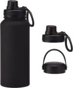 Black 32 oz Insulated Water Bottle, Large Metal Stainless Steel Water Flask, Big Sports Travel Mens Water Bottle for Gym,Hiking,1 liters Leakproof Insulated Thermal Bottle with 2 Lids - Image 2