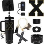Black Accessories for Stanley Cup Accessories 30OZ 40OZ, All Accessories Gift Box Contain Flower Straw Topper, Sillicone Boot, Letter Stickers and Pendants,Spill Stopper Set (Black X) - Image 2