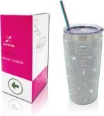 Bling Rhinestone Tumbler 20oz Stainless Steel Studded Glitter Thermal Cup with Leak proof Lid and Straws Double Wall Vacuum Insulated Portable Travel Coffee Mug (Aurora) - Image 2