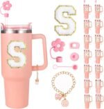 Blithely 40 oz Initial Letter Tumbler Insulated with Handle Straw and Lid Set, Personalized Gifts, Pink Cup, Leak-Proof Travel Coffee Mug, Stainless Steel Water for Hot Cold Beverages (Letter S) - Image 2