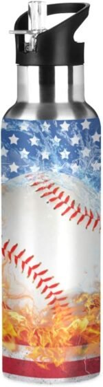 Blue Baseball US Flag Water Bottle with Straw Lid Boys Insulated Stainless Steel Water Flask Sports, 20 Oz Hot Cold - Image 2