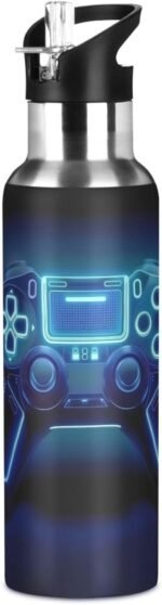 Blue Glowing Game Controller Water Bottle Leakproof Insulated Stainless Steel Hot Cold Water Flask with Straw Lid for Sports Travel 20 oz - Image 2