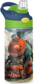 Boccsty Locomotive Train Kids Water Bottle with Straw Lid Insulated Stainless Steel Reusable Tumbler for Boys Girls Toddlers 12 oz Green - Image 2
