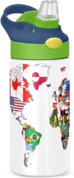 Bolaz 350ml/12oz Kids Stainless Steel Insulated Water Bottle with Straw Stainless Steel Reusable Tumbler National Flag World Map for School - Image 2