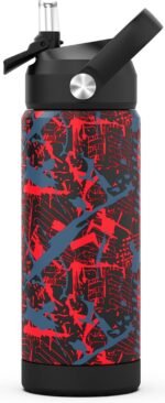 Boys Water Bottle with Straw,18 oz Kids Insulated Cups with Stainless Steel Leak Proof for School,Sport&Travel（Geometry-Red） - Image 2