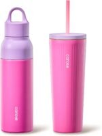 CAROTE 19 oz One-Click Open Insulated Water Bottle & 21 oz Tumblers with Lid and Straw, Double-Wall Insulated Stainless Steel, Leakproof Lid with Handle, Essential for Travel, School(Rose Pink) - Image 2