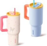 CAROTE 2-Pack Insulated Stainless Steel Water Bottles with Handle, Travel Tumblers with Straw for Sports & Daily, 34 oz Heart Paradise Straw Tumbler Set of Two (Pink & Blue) - Image 2