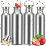 CHENGU 4 Pieces 34oz Single Wall Stainless Steel Water Bottles with Handle and Bamboo Lid Large Leakproof Metal Camping Bottles for Sports, Cyclists, Runners - Image 2