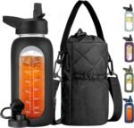 CIVAGO 32 oz Glass Water Bottle with Straw and Insulated Bottle Holder Sling, Motivational Water jug with Time Marker and Silicone Sleeve, Large Sport Water Flask with 2 Lids, Black - Image 2