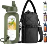 CIVAGO 32 oz Glass Water Bottle with Straw and Insulated Bottle Holder Sling, Motivational Water jug with Time Marker and Silicone Sleeve, Water Flask with 2 Lids for Walking and Gym Army Green - Image 2