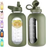 CIVAGO 64 oz Glass Water Bottle Jug with Straw and Handle, Half Gallon Sports Motivational Bottle with Time Marker, Large Flask Canteen with Silicone Sleeve for Gym, Army Green - Image 2
