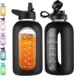 CIVAGO 64 oz Glass Water Bottle Jug with Straw and Handle, Half Gallon Sports Motivational Water Bottle with Time Marker, Wide Mouth Flask Canteen with Silicone Sleeve for Gym, Black - Image 2
