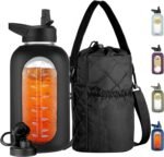 CIVAGO Half Gallon Glass Water Bottle with Straw and Insulated Bottle Holder Sling, 64 oz Motivational Water jug with Time Marker and Silicone Sleeve, Water Flask with 2 Lids, Black - Image 2
