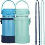 COKTIK 2 Pack Kids Water Bottle with Straw, 14oz Insulated Stainless Steel Tumbler, Leak-Proof Locking Lid for School, Lunchbox, Outdoor Sports, Case with Shoulder Strap(2 Pack, Blue+Mint Green) - Image 2