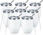 COMOOO 12oz Wine Tumbler with Lid and Straw, Stainless Steel Stemless Wine Glass, Double Wall Vacuum Insulated Wine Tumbler Cup, Cocktails,Beer,Champaign, White, 8 Pack - Image 2