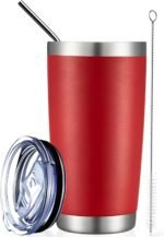 COMOOO 20oz Double Wall Vacuum Insulated Travel Mug, Stainless Steel Tumbler with Lid and Straw Durable Powder Coated Insulated Coffee Cup for Cold & Hot Drinks (Red, 1 PACK) - Image 2