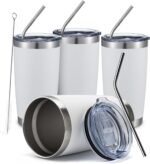 COMOOO 20oz White Tumbler Bulk with Straw Stainless Steel Insulated Coffee Tumbler Cups Double Wall Vacuum Travel Coffee Mug with Splash Proof Sliding Lid for Hot Cold Drinks (White, 4 Pack) - Image 2